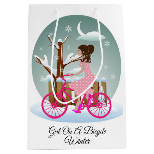 Sacola Para Presentes Média Saco de Presente de Inverno de Menina em uma Bicic