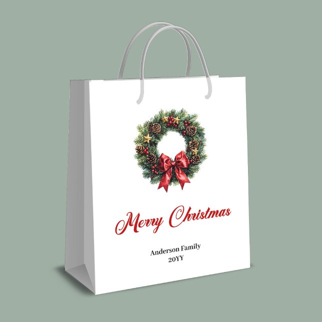 Sacola Para Presentes Média Saco de presente de Natal com grinalda de pinheiro (Elegant pine wreath Christmas gift bag watercolor)