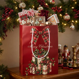 Sacola Para Presentes Média Saco de Presente de Natal com Laço Xadrez Vermelho