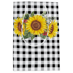Sacola Para Presentes Média Saco de Presente Floral Gingham Preto e Girassóis