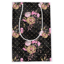 Sacola Para Presentes Média Saco de Presente Floral Rosa, Preto e Dourado