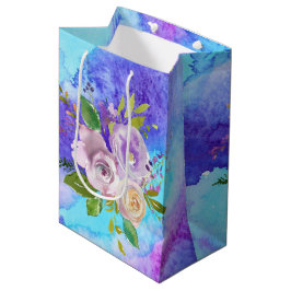 Sacola Para Presentes Média Saco de Presente Médio com Flores de Aquarela Roxa