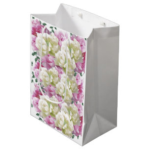 Sacola Para Presentes Média Saco de Presente Médio com Flores de Peônia Rosa e