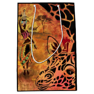 Sacola Para Presentes Média Saco de Presente Menina Africana e Amigos Girafa