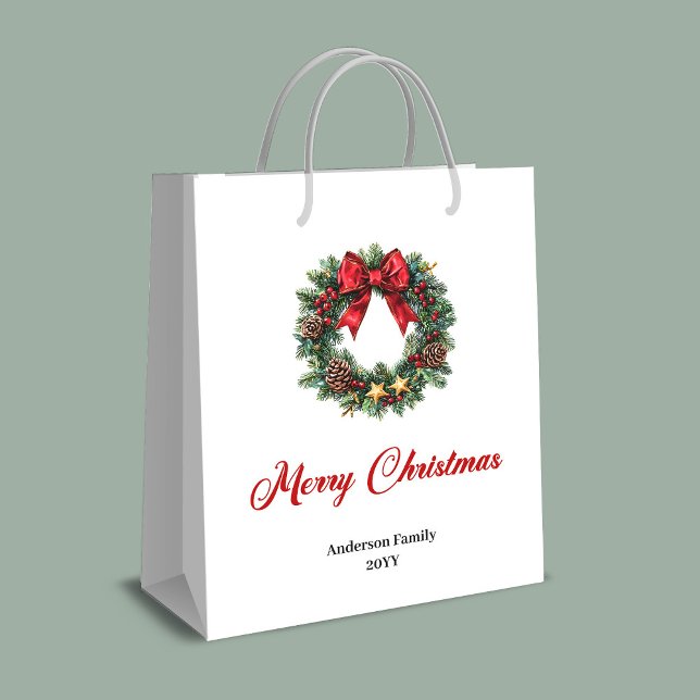 Sacola Para Presentes Média Saco de presente personalizado com grinalda de Nat (Minimalist Christmas wreath gift bag personalized)