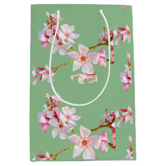Sacola Para Presentes Média Saco de Presente Verde Oliva com Flores Cor-de-Ros