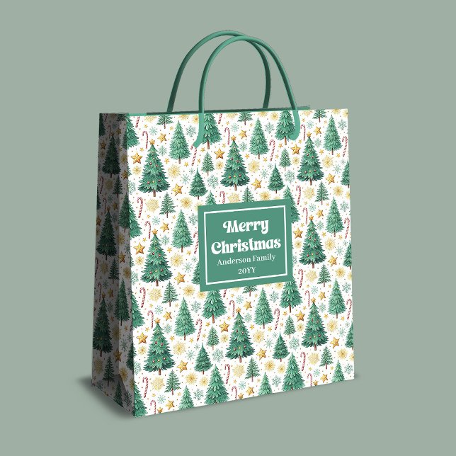 Sacola Para Presentes Média Saco de presentes de árvores de Natal modernas ver (Modern Christmas trees gift bag red green gold style)