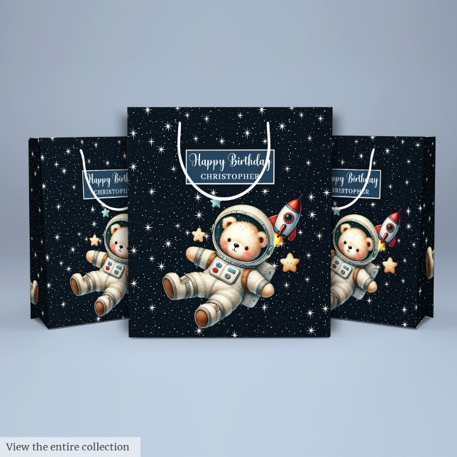 Sacola Para Presentes Média Saco de presentes personalizado com Design do astr (Custom Gift Bag with Teddy Bear Astronaut Design)