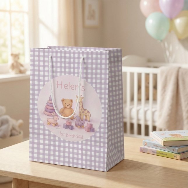 Sacola Para Presentes Média Saco Personalizado de Gingham Lavanda para 1º Aniv (Criador carregado)