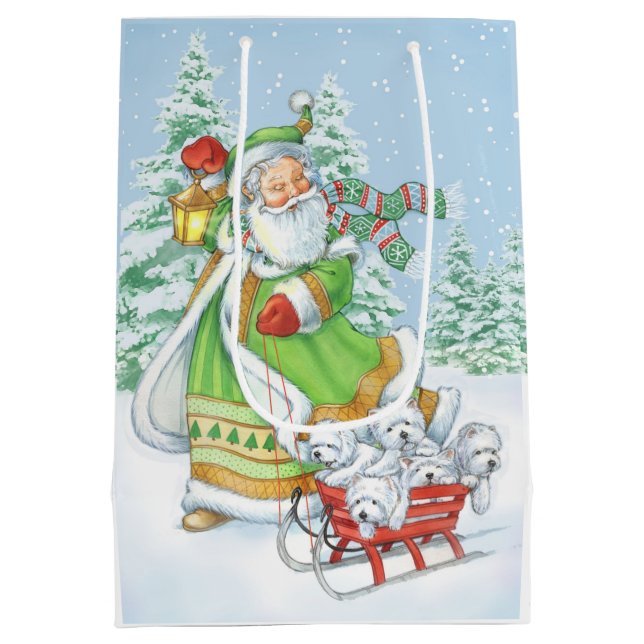 Sacola Para Presentes Média Saco "ruído alegre" do presente do Natal de Westie (Verso)