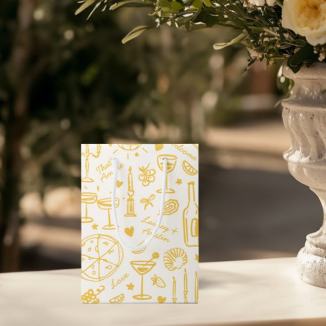 Sacola Para Presentes Média Sacos de boas-vindas ilustrados de casamentos feit (Hand-Drawn Illustrated Wedding Welcome Gift Bags)