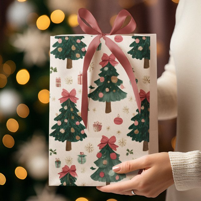 Sacola Para Presentes Média Sacos de Presentes com Árvores de Natal com Laços (Criador carregado)