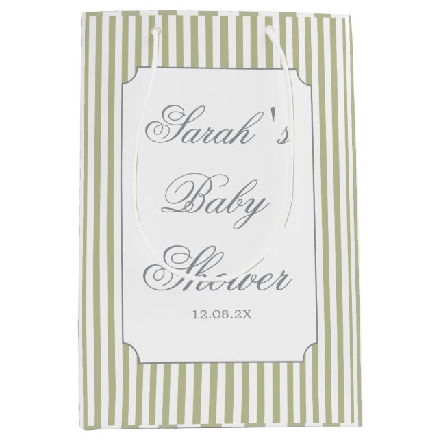 Sacola Para Presentes Média Sage Green Stripes Baby Shower  (Frente)