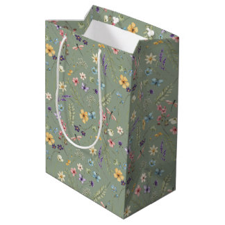 Sacola Para Presentes Média Sage Green Wildflower & Butterfly