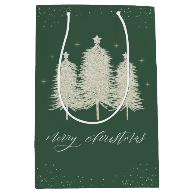 Sacola Para Presentes Média Sage Sparkly Feliz Natal Feriado (Frente)