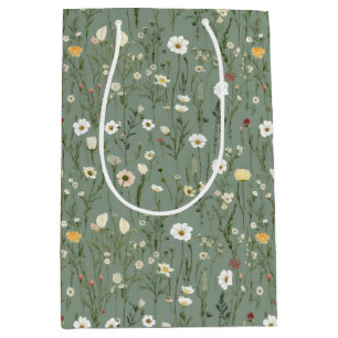 Sacola Para Presentes Média Sage Verde Amarelo Flores Silvestres Brancas Anive