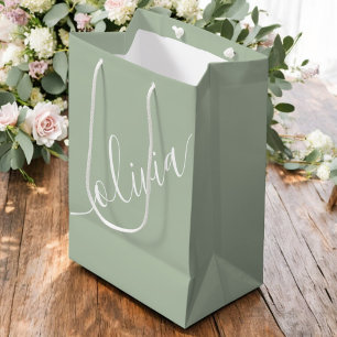 Sacola Para Presentes Média Sage Verde Roteiro Minimalista Monograma Elegante