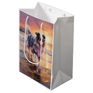 Sacola Para Presentes Média Sandy Australian Shepherd Dog on Beach Sunset