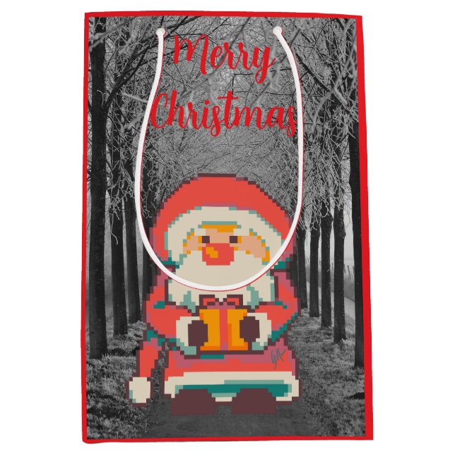 Sacola Para Presentes Média Santa Claus Pixelart Merry Christmas, Pixel Art  (Frente)