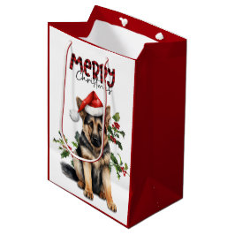 Sacola Para Presentes Média Santa Hat Holly German shepherd Puppy Natal
