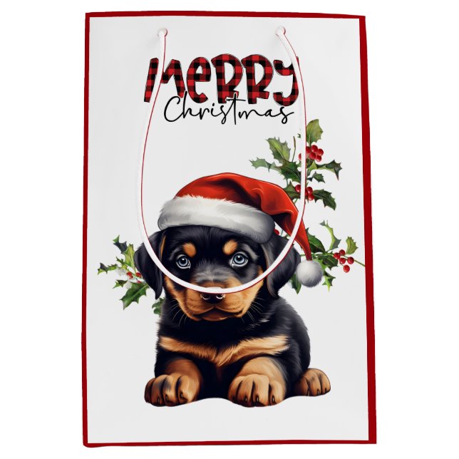 Sacola Para Presentes Média Santa Hat Holly Rottweiler Puppy Natal (Frente)