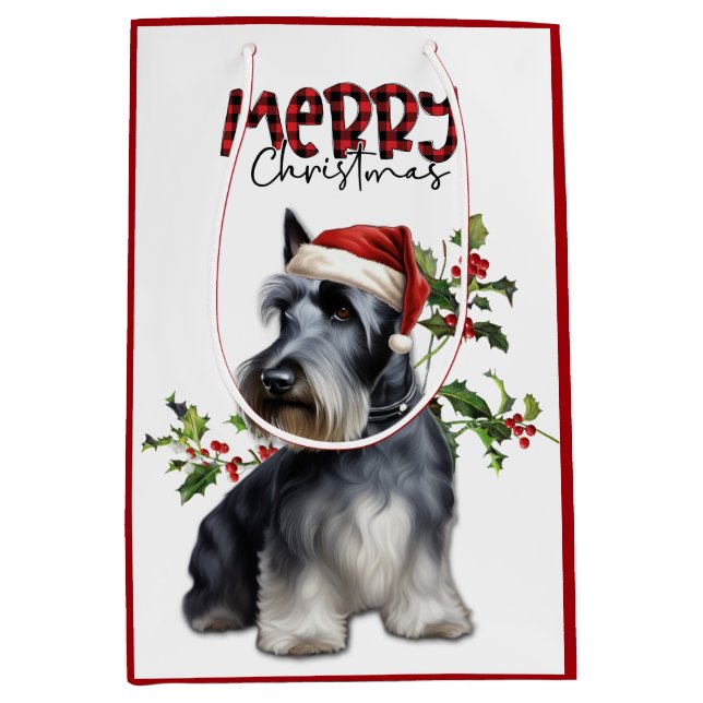 Sacola Para Presentes Média Santa Hat Holly Scottish Terrier Natal (Frente)