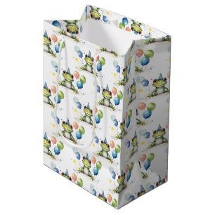 Sacola Para Presentes Média Sapo branco, verde, com balões