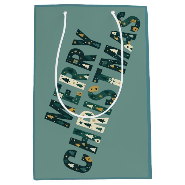 Sacola Para Presentes Média Scandinavian Merry Christmas Tree Winter Snow (Frente)