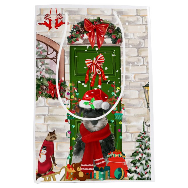 Sacola Para Presentes Média Schnauzer Dog Christmas (Frente)