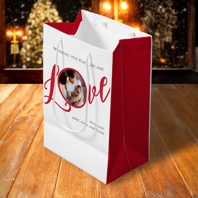 Sacola Para Presentes Média Script de Caligrafia de Foto de Natal (Love Calligraphy script photo custom gift bag)
