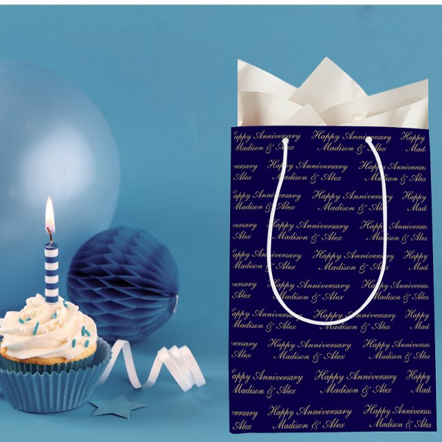 Sacola Para Presentes Média Script Feliz Aniversário com Nome Azul Dourado (Criador carregado)