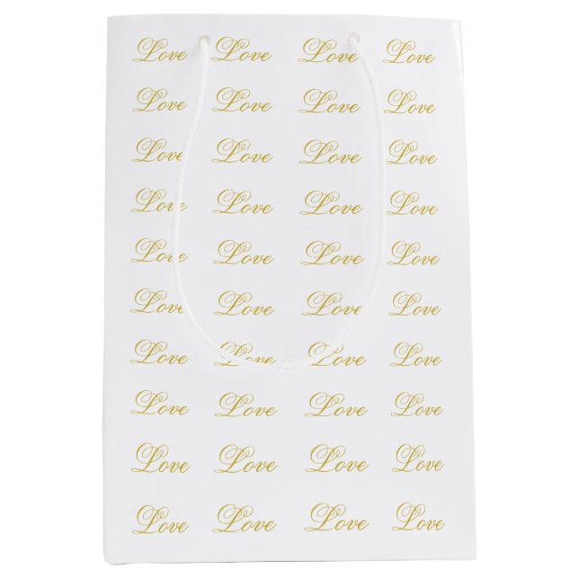 Sacola Para Presentes Média Script Gold Chic Amor Branco Caligrafia Casamento (Frente)