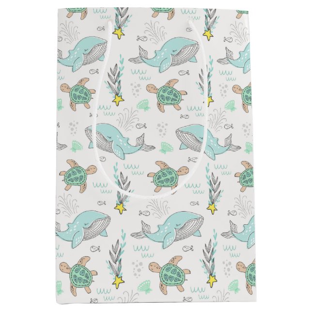 Sacola Para Presentes Média Sea Life Whales e Tartarugas (Frente)