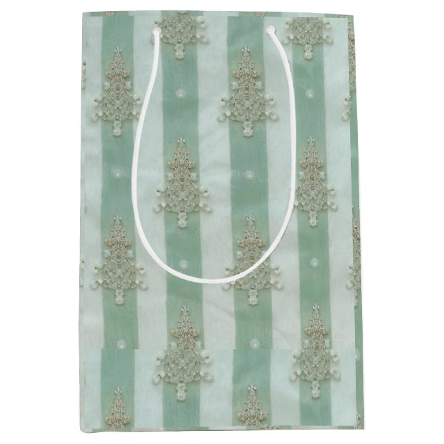 Sacola Para Presentes Média Seafoam Stiped Velvet-Look Diamond Trees (Frente)
