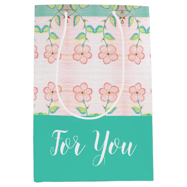 Sacola Para Presentes Média Seafoam Verde Com Floral (Frente)