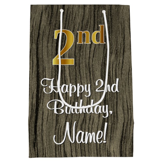 Sacola Para Presentes Média segundo aniversário: Elegante Faux Dourado Look #, (Verso)