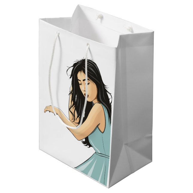 SACOLA PARA PRESENTES MÉDIA SENHORA ASIÁTICA "BUSCA UM POSE" (Frente inclinada)