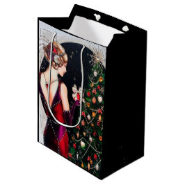 Sacola Para Presentes Média Senhora retro do natal vintage do art deco festivo