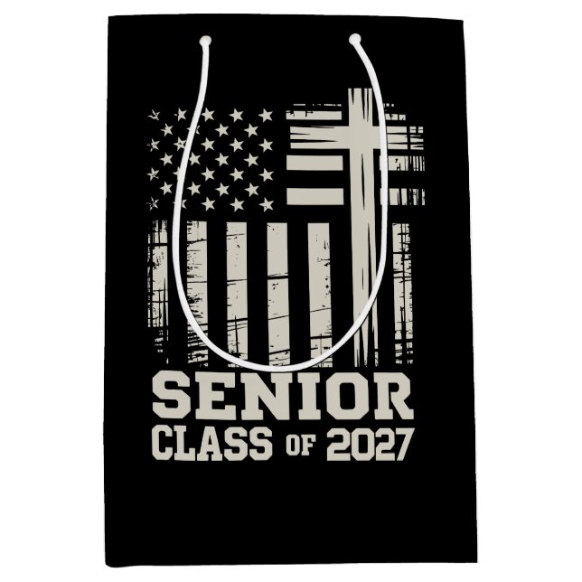 Sacola Para Presentes Média Senior Class Of 2027 USA Flag Cross Christian Grad (Frente)