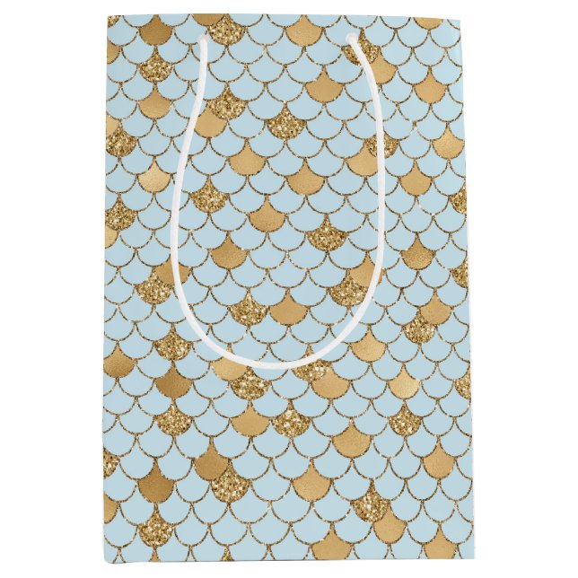 Sacola Para Presentes Média Sereia Azul, Dourada Glitter Sparkle (Frente)