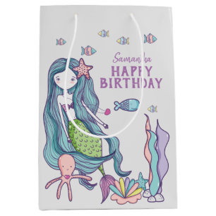 Sacola Para Presentes Média Sereia Azul Turquesa Roxo Feliz Aniversário Person