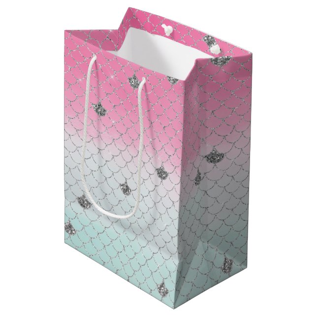 Sacola Para Presentes Média Sereia Glitter de Prata Rosa (Frente inclinada)