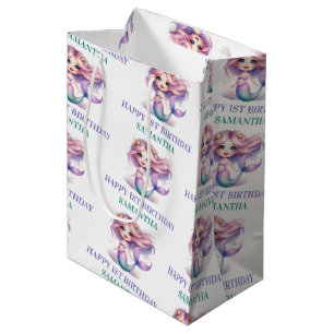 Sacola Para Presentes Média Sereia personalizada em aquarela roxo azul turques