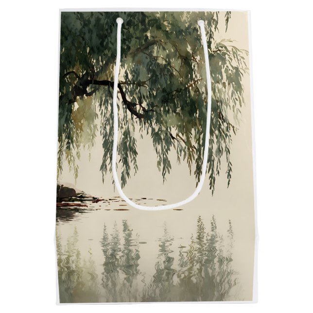 Sacola Para Presentes Média Serene Willow Tree Reflection Nature Art (11) (Verso)