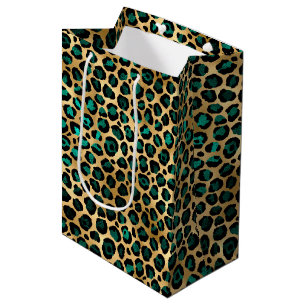 Sacola Para Presentes Média Série Leopardo Teal e Dourada Design 14