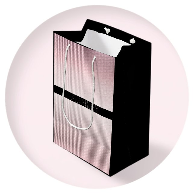 Sacola Para Presentes Média Seu nome | Rosa de fina e tiras brancas (Criador carregado)