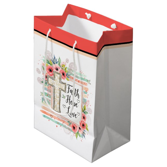 Sacola Para Presentes Média Shabby Chic floral Faith Hope Love (Frente inclinada)