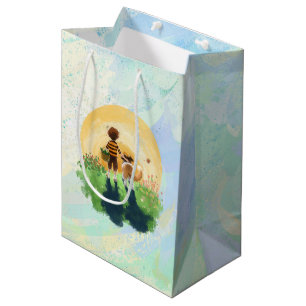 Sacola Para Presentes Média Sheltie Dog e Boy caminham até o Sunset