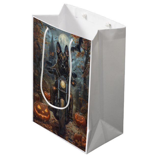 Sacola Para Presentes Média Shepherd Belga Dirigindo Motocicleta Halloween Asc (Frente inclinada)