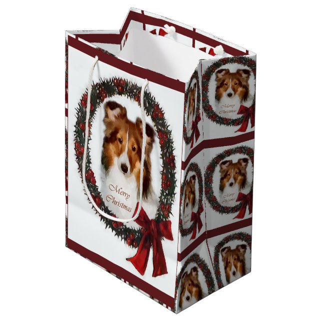 Sacola Para Presentes Média Shetland Sheepdog Sheltie Christmas (Frente inclinada)